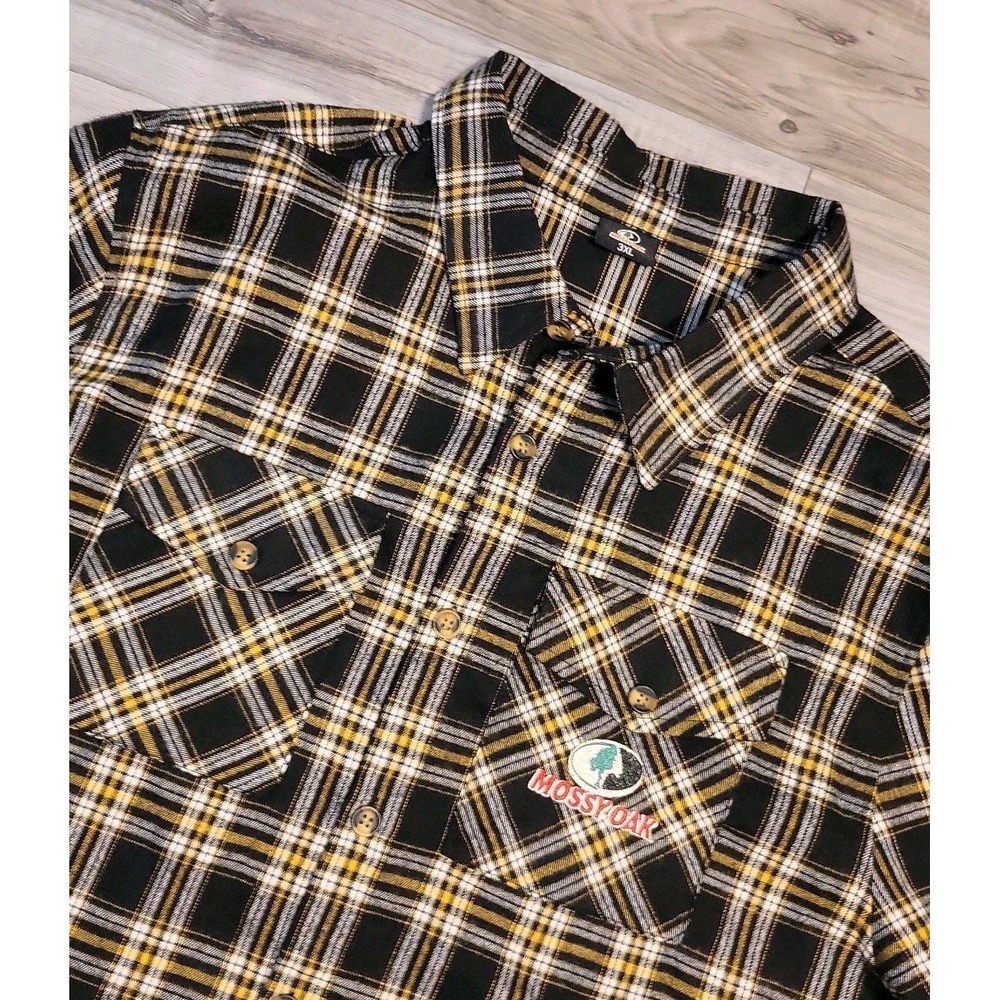 Mossy Oak Flannel Shirt Men's 3XL Black/Yellow Plaid Button Up LS Pocket NEW